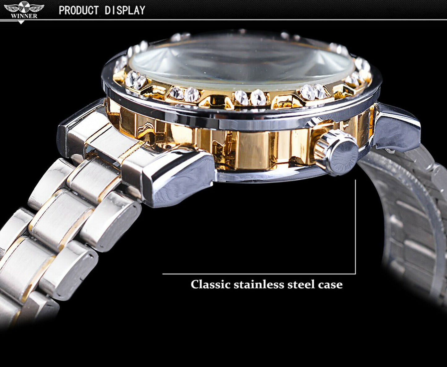 T-ganador de acero inoxidable para hombres De colección diamante hueco relojes mecánicos # 1089