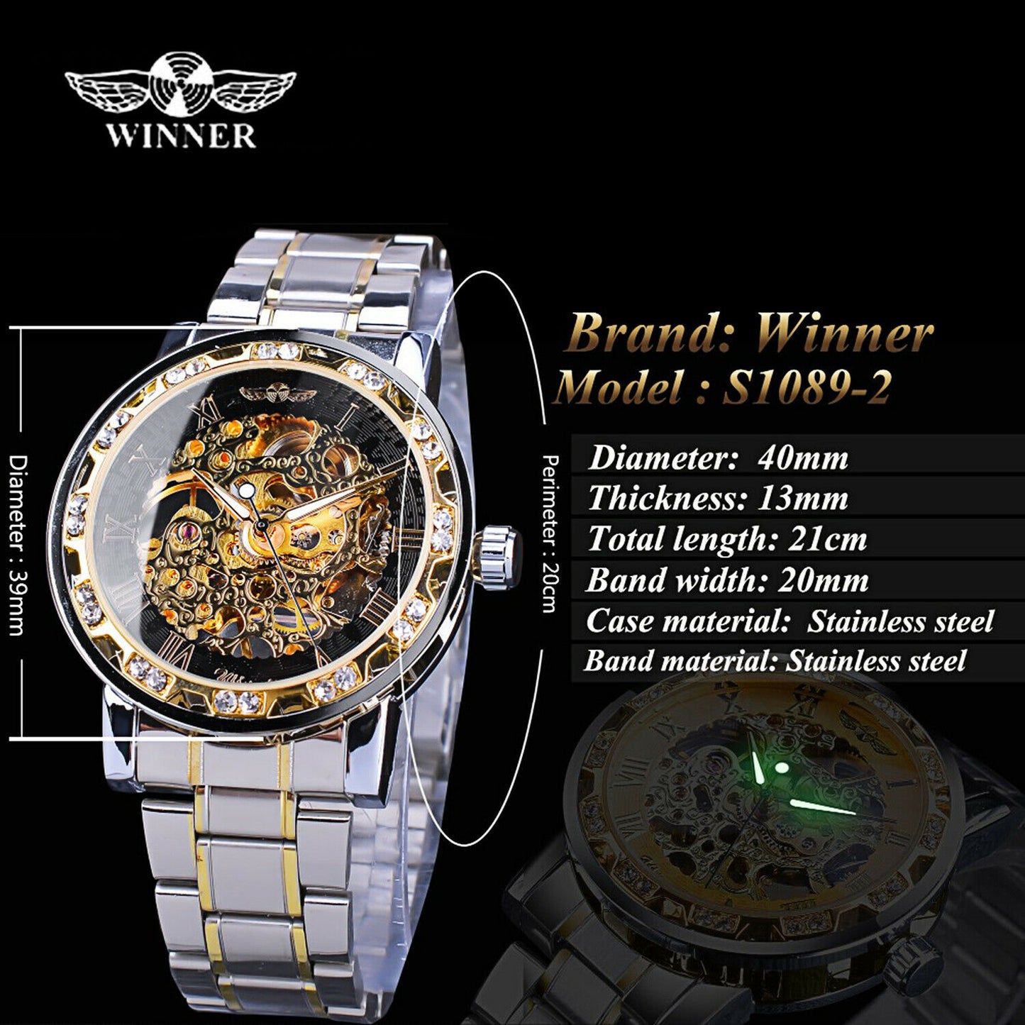 T-ganador de acero inoxidable para hombres De colección diamante hueco relojes mecánicos # 1089