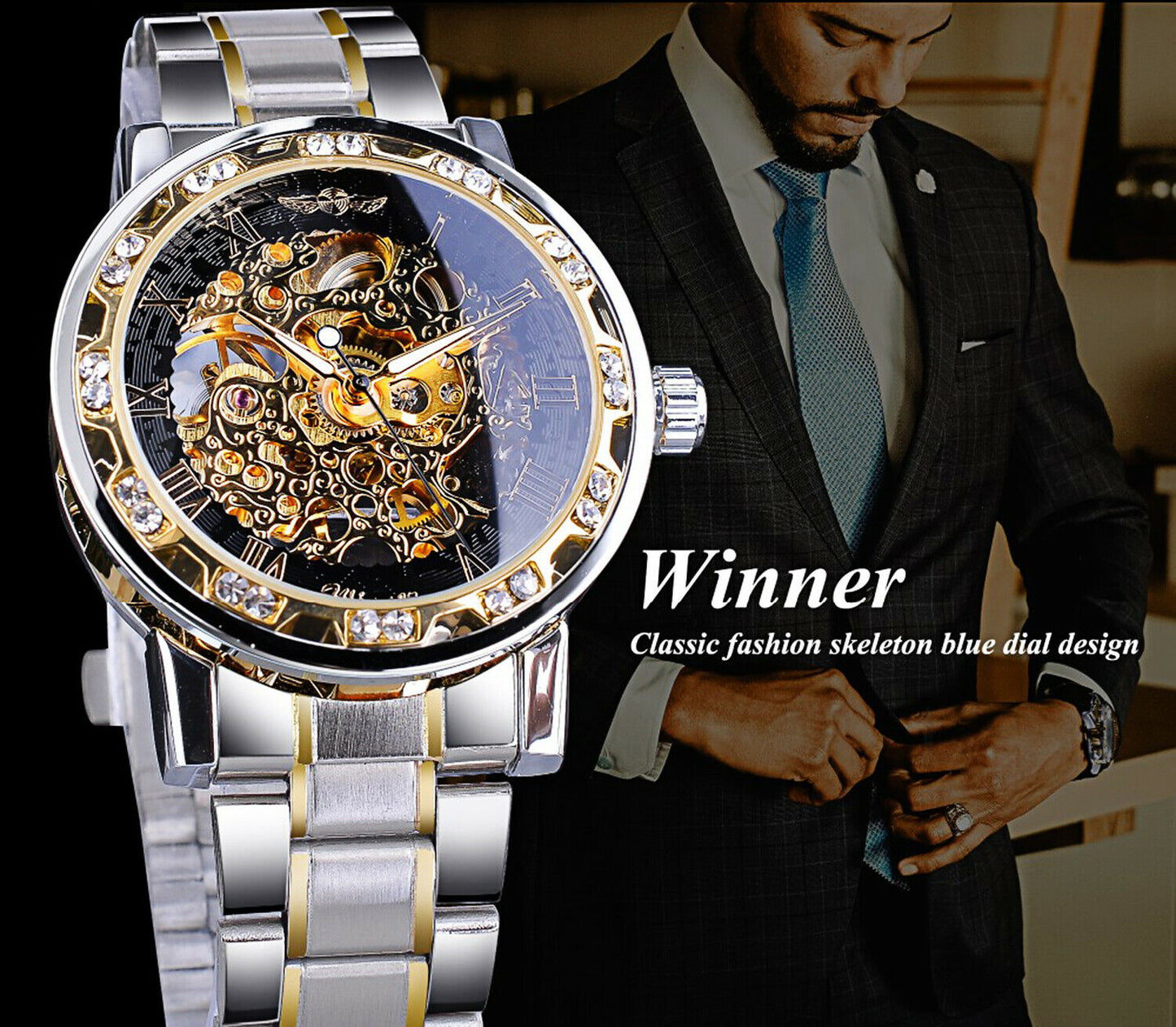 T-ganador de acero inoxidable para hombres De colección diamante hueco relojes mecánicos # 1089