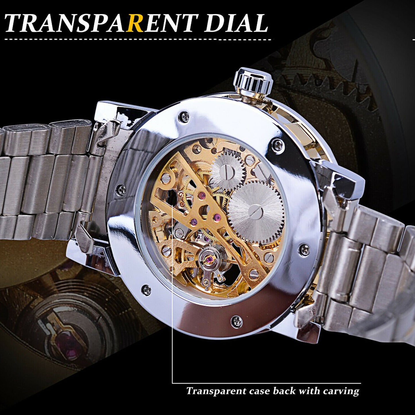 T-ganador de acero inoxidable para hombres De colección diamante hueco relojes mecánicos # 1089
