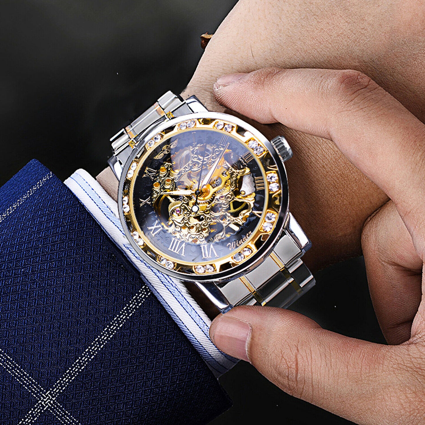 T-ganador de acero inoxidable para hombres De colección diamante hueco relojes mecánicos # 1089