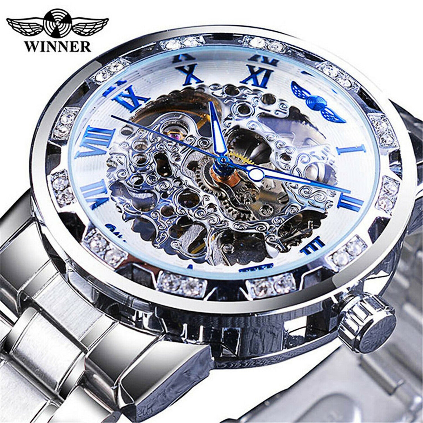 T-ganador de acero inoxidable para hombres De colección diamante hueco relojes mecánicos # 1089