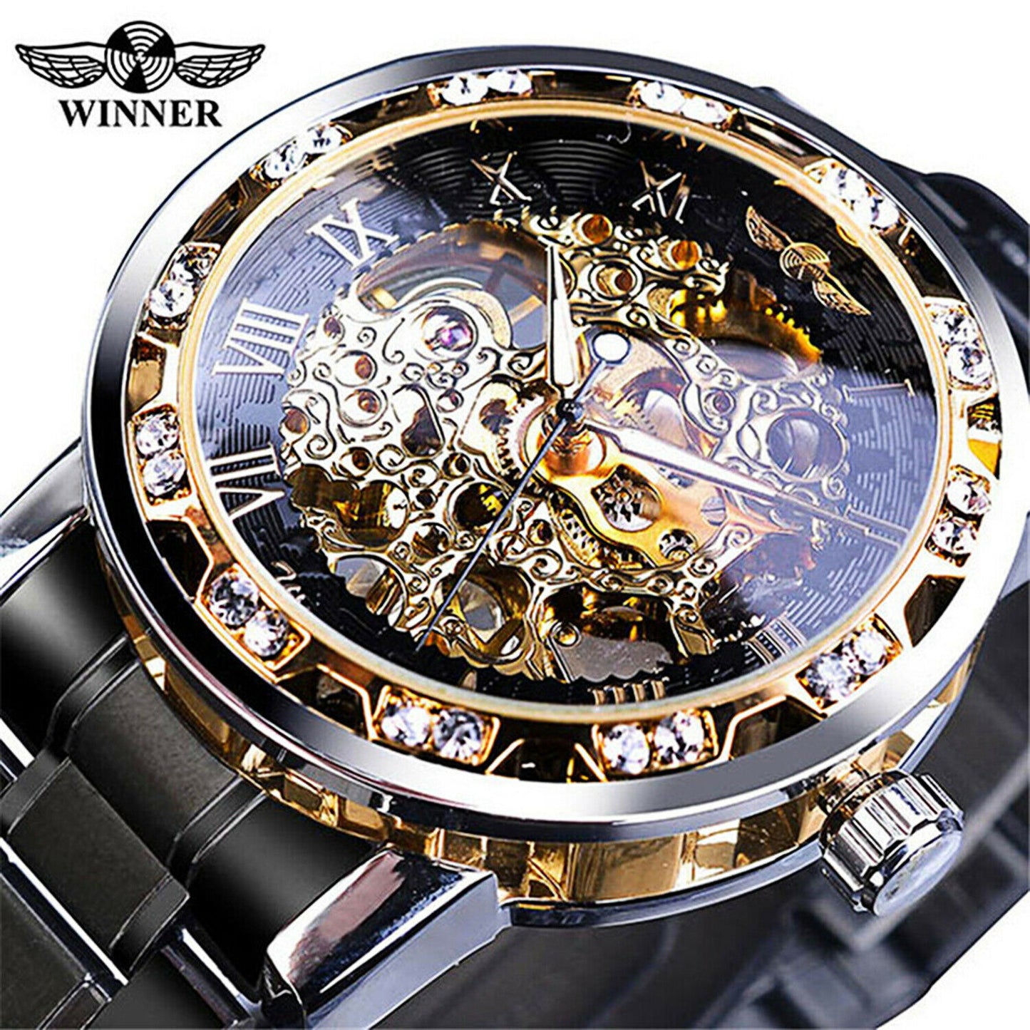 T-ganador de acero inoxidable para hombres De colección diamante hueco relojes mecánicos # 1089