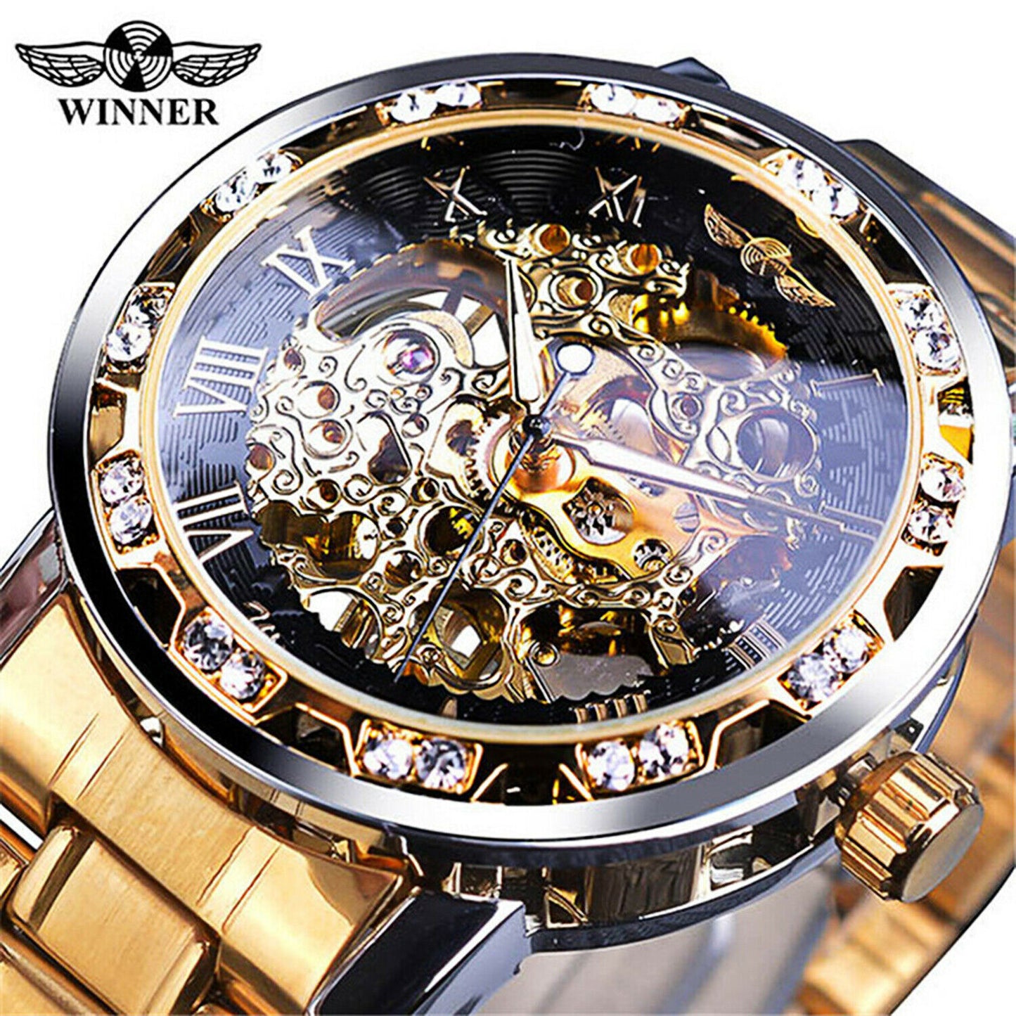 T-ganador de acero inoxidable para hombres De colección diamante hueco relojes mecánicos # 1089