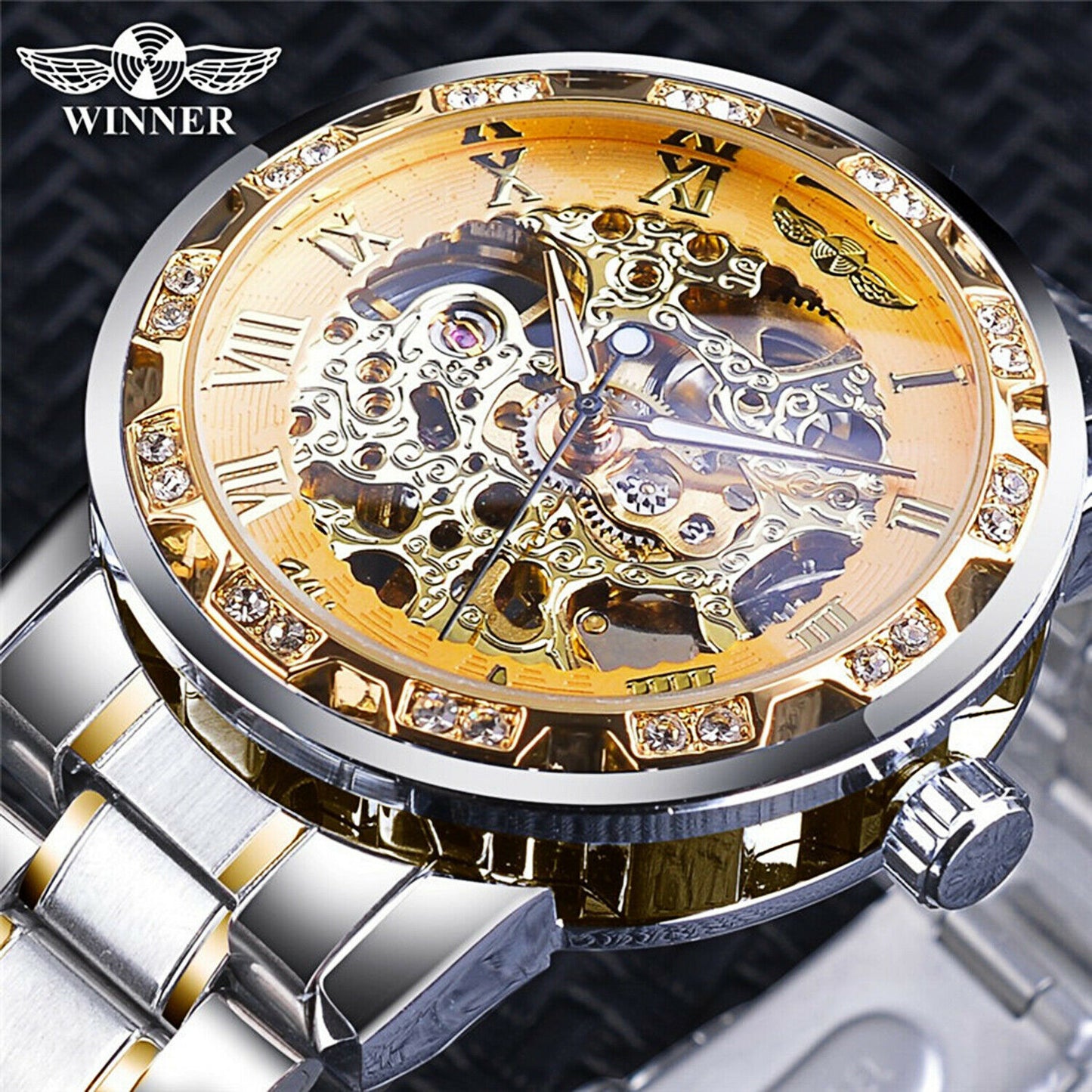 T-ganador de acero inoxidable para hombres De colección diamante hueco relojes mecánicos # 1089