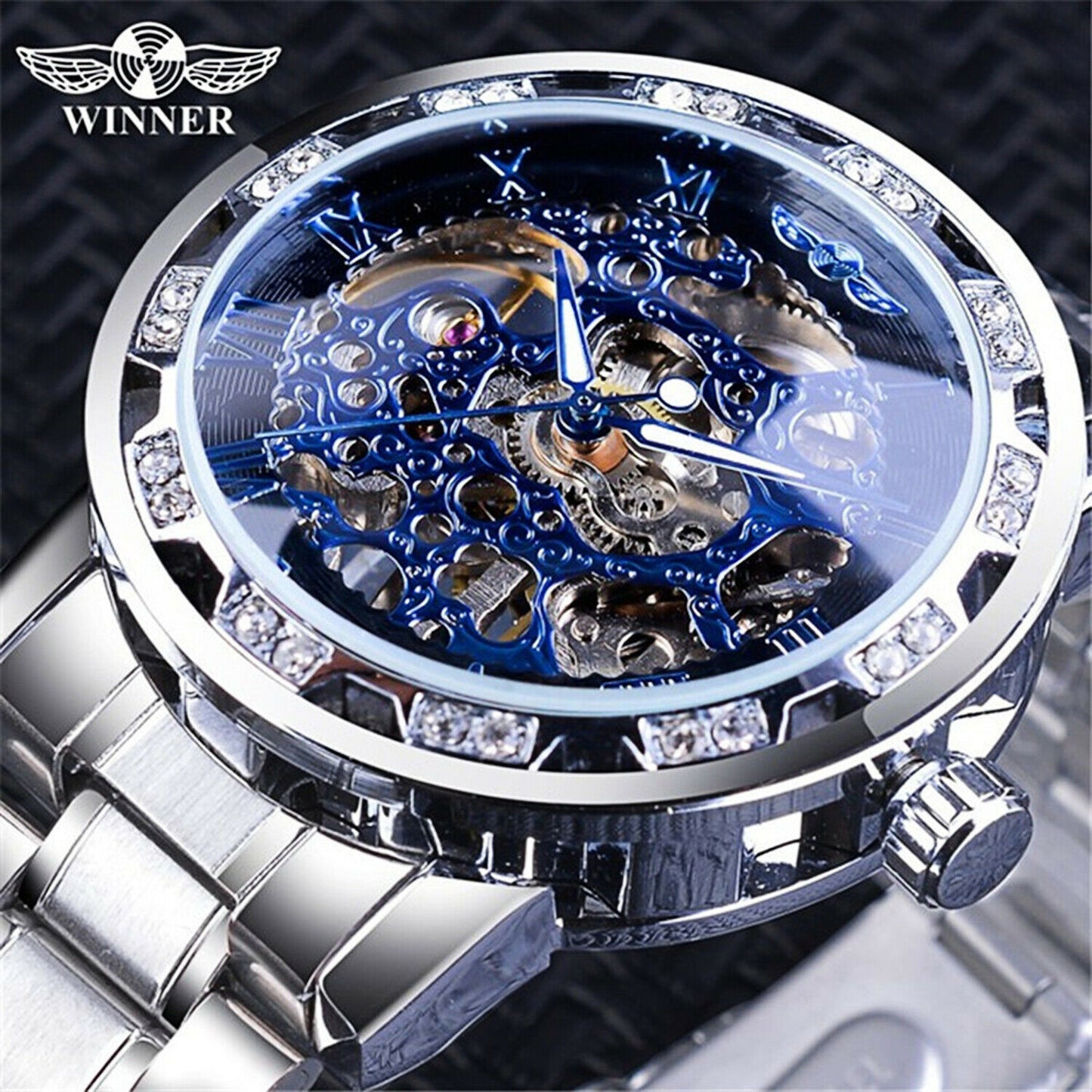 T-ganador de acero inoxidable para hombres De colección diamante hueco relojes mecánicos # 1089