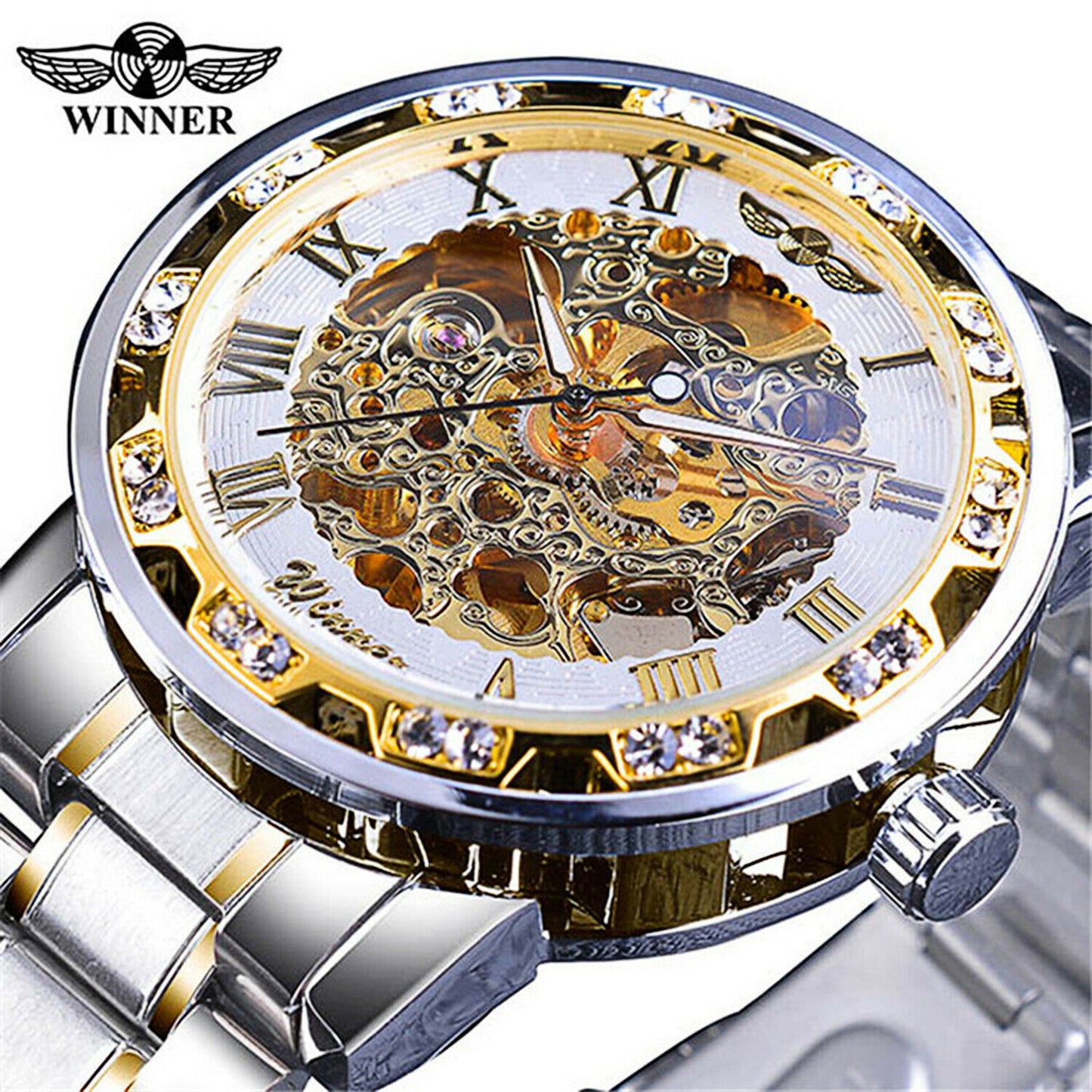 T-ganador de acero inoxidable para hombres De colección diamante hueco relojes mecánicos # 1089
