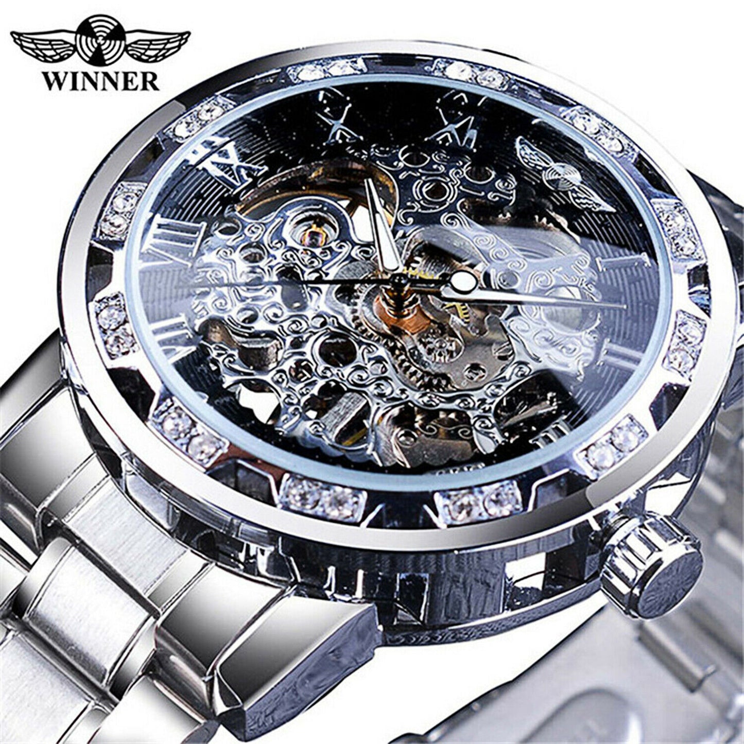 T-ganador de acero inoxidable para hombres De colección diamante hueco relojes mecánicos # 1089