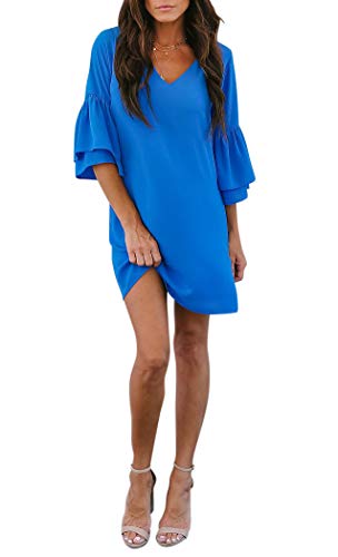 BELONGSCI Women's Dress Sweet & Cute V-Neck Bell Sleeve Shift Dress Mini Dress