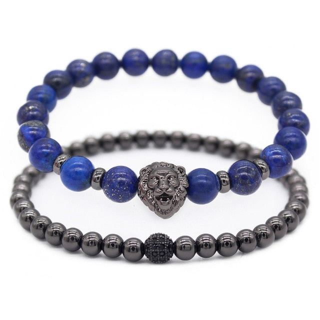 Black Nature Stone Leo Lion Head Bracelet Set -  Crystal Copper Ball Beaded Bracelets for Men - Luxury Jewelry