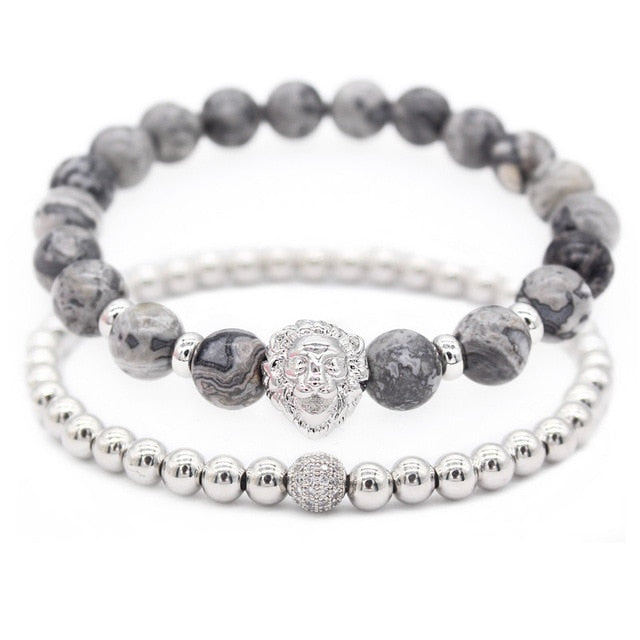 Black Nature Stone Leo Lion Head Bracelet Set -  Crystal Copper Ball Beaded Bracelets for Men - Luxury Jewelry