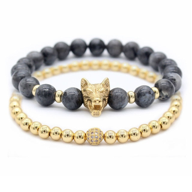 Black Nature Stone Leo Lion Head Bracelet Set -  Crystal Copper Ball Beaded Bracelets for Men - Luxury Jewelry